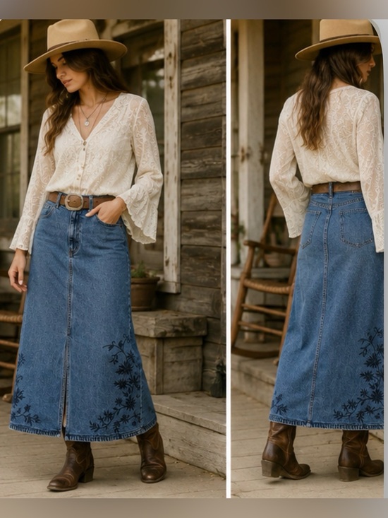 Eddie Bauer Dresses & Skirts - Vintage Eddie Bauer Embroidered floral Denim Maxi Skirt 12 Y2K cottegecore